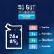 Illustration der Verpackung für Haustierfutter mit "24x85g" Portionen, mit Geschmacksrichtungen: 6x Lachs, 6x Kabeljau, 6x Thunfisch, 6x Scholle, in Gelee.
