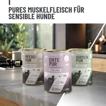 Dosen mit reinem Muskelfleisch für empfindliche Hunde, gekennzeichnet mit Pferd Pur, Ente Pur und Hirsch Pur, die hypoallergene und ein Proteinmerkmale hervorheben.