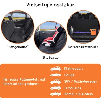 Vielseitige Autositzabdeckung für Haustiere, die in drei Anwendungen gezeigt wird: Hängematte, Sitzbezug und Kofferraumschutz, passend für verschiedene Automodelle mit Kopfstützen.