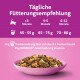 Schüssel mit Katzenfutter auf lila Hintergrund, die Fütterungsempfehlungen für Kätzchen unter 3, 4-5 und 6-12 Monaten zeigt, plus WHISKAS® Nassfutterhinweis.