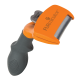 Orangefarbener FURminator-Entfilzer mit Edelstahlzähnen und grauem ergonomischem Griff; 'FURminator' auf dem Kopf aufgedruckt.