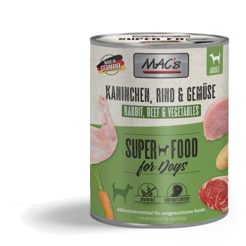 Blik MAC's Super Food voor honden met konijn, rundvlees, groenten, graanvrij, hoog vleesgehalte, gemaakt in Duitsland, voor volwassen honden.