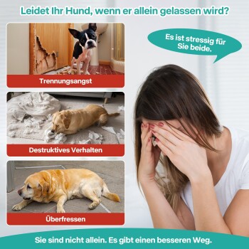Anzeige mit der Überschrift 'Leidet Ihr Hund, wenn er allein gelassen wird?'; drei Hunde mit den Beschriftungen 'Trennungsangst', 'Destruktives Verhalten', 'Überfressen' und eine gestresste Frau, die ihr Gesicht bedeckt.