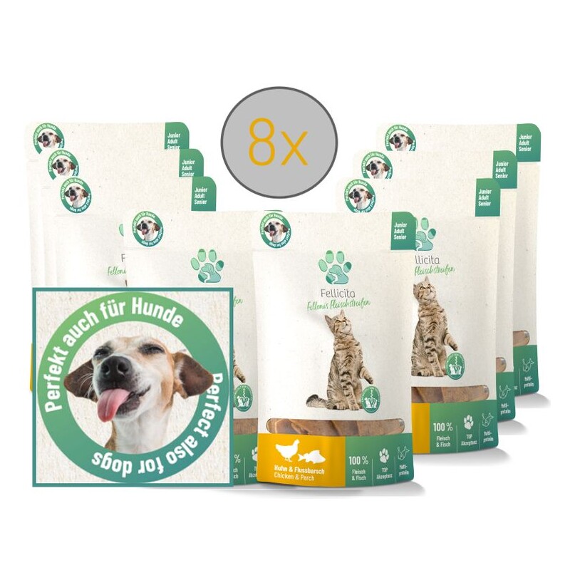 Fellicita Huhn & Flussbarsch Fleischstreifen 8x 50g Fellonis Hundesnacks