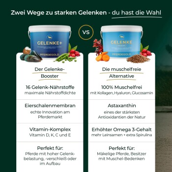 Zwei PferdeGold-Gelenk-Dosen im Vergleich: links 'GELENKE+ Der Gelenke-Booster', rechts 'GELENKE – Die muschelfreie Alternative (100% muschelfrei)'.