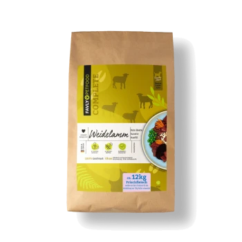 Braune Papiertüte Favly Petfood Complete Weidelamm Hundefutter mit Bildern von Lamm, Gemüse und deutschem Text.