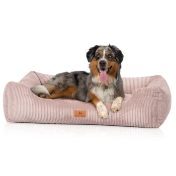 Ein Hund, der bequem auf einem plüschigen, rosa Cord-Haustierbett liegt, mit einem kleinen braunen Etikett, das eine Hundesilhouette zeigt.