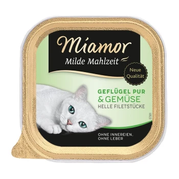 Emballage de nourriture pour chat Miamor présentant un chat blanc aux yeux bleus, étiqueté "Geflügel pur & Gemüse" et "Milde Mahlzeit."
