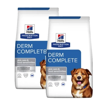 Prescription Diet Derm Complete 2x12 kg Deux sacs de nourriture pour chien Hill's Prescription Diet Derm Complete, étiquetés pour les soins de la peau et les sensibilités alimentaires, avec une recommandation vétérinaire.