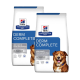 Zwei Tüten Hill's Prescription Diet Derm Complete Hundefutter, gekennzeichnet für Hautpflege und Nahrungsmittelunverträglichkeiten, mit einer Empfehlung von einem Tierarzt.