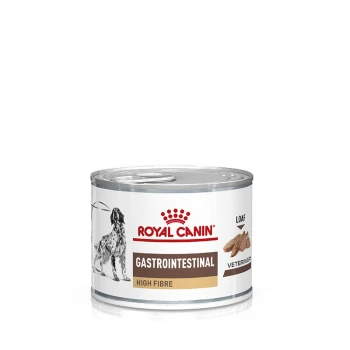 Veterinary Gastrointestinal High Fibre Mousse 12x200g Royal Canin Gastrointestinal High Fibre Hundefutterdose, mit einem Laib-Textur, mit einer Silhouette eines Hundes und einem veterinärmedizinischen Etikett.