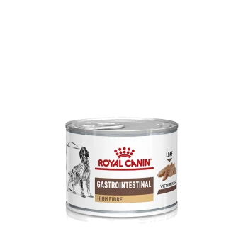 Puszka karmy dla psów Royal Canin Gastrointestinal High Fibre, z teksturą bochenka, z sylwetką psa i etykietą weterynaryjną.