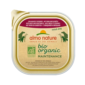 Almo Nature bio organisches Hundefutter für die Erhaltung, das Rindfleisch und Gemüse enthält, mit mehrsprachigem Text und einem Zertifizierungslogo.
