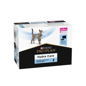 Boîte de supplément d'hydratation féline Purina Pro Plan Hydra Care présentant un chat tigré gris, étiquetée "Great Taste."