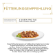 Katzenfutterschüssel mit Fleisch in Soße, Petersilie und Text: "4 DOSEN PRO TAG" für eine 4 kg schwere erwachsene Katze.