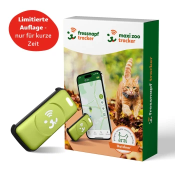 Grünes Haustier-Tracker-Gerät neben einem Smartphone, das eine Karte anzeigt, mit einer Katze im Hintergrund; der Text lautet "Limitierte Auflage - nur für kurze Zeit."