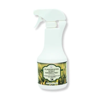 Weiße Sprühflasche für Hunde mit grünem Etikett, mit deutschem Text: 'Zecken spray Kribbel-frei für Hunde' und 'Schutz vor Zecken und Flöhen.'