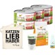 Katzenfutterprodukte von "Ich liebe meine Katze": Dosen beschriftet mit "INSEKTEN", Trockenfutter, weiche Snacks, ein flüssiges Ergänzungsfuttermittel und eine Tragetasche.