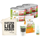 Katzenfutterprodukte von "Ich liebe meine Katze": Dosen beschriftet mit "INSEKTEN", Trockenfutter, weiche Snacks, ein flüssiges Ergänzungsfuttermittel und eine Tragetasche.