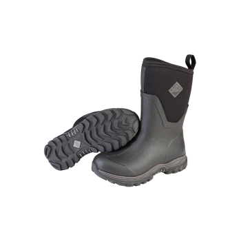 Schwarze wasserdichte Gummistiefel mit einer strukturierten Sohle, ausgestattet mit einem Logo an der Seite und einem Neopren-Obermaterial für Flexibilität.