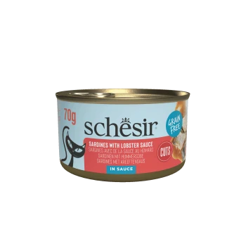 70g Schesir cat food can with sardines in lobster sauce, grain free, labeled "cuts" and "in sauce"