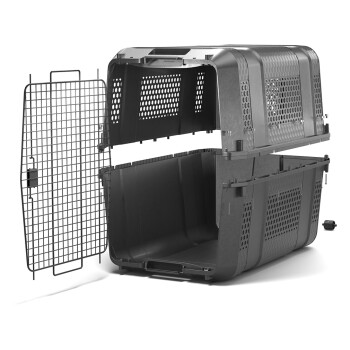Eine schwarze Haustiertrage mit einer abnehmbaren Drahttür, in zwei Teilen gezeigt: der obere Teil und der untere Teil, der das geräumige Innere hervorhebt.