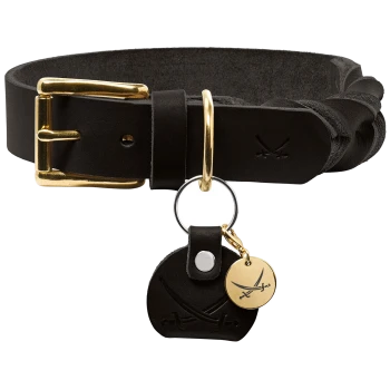 Schwarzes Leder-Haustierhalsband mit einer goldenen Schnalle und einem geflochtenen Design, mit einem Anhänger mit gekreuzten Schwertemblem.