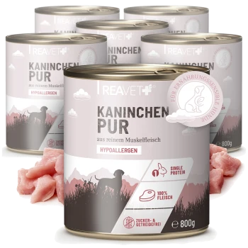 Dosen mit REAVET Kaninchen Pur hypoallergenem Hundefutter mit Kaninchenfleisch, Single-Protein, getreide- und zuckerfrei, 800g.