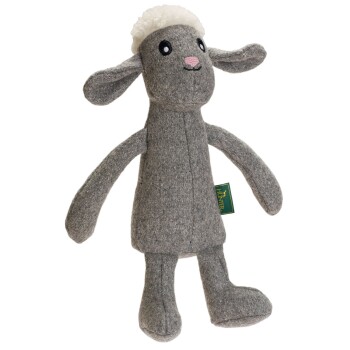 Graues Plüschschafspielzeug mit einem flauschigen weißen Kopf, schwarzen Augen und einer rosa Nase, mit einem grünen Etikett, das "Hunter" liest.