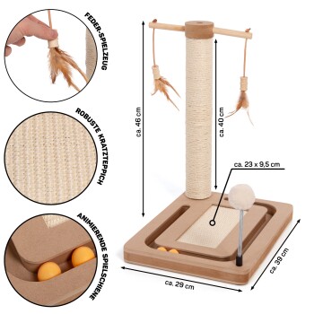 Katzekratzbaum mit Feder-Spielzeug, Abmessungen beschriftet: Höhe 46 cm, Basis 29 cm, mit einem verspielten Ball und einer strukturierten Kratzfläche.