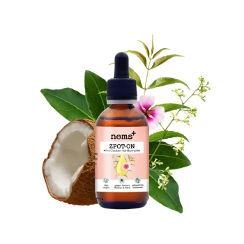 Flasche mit "noms+ ZPOT-ON" Anti-Zecken-Lösung für Haustiere, umgeben von Kokosnussschalen und grünen Blättern, mit einer pinken Blume.