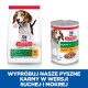 Karma dla psów Hill's Science Plan dla szczeniąt, z torebką suchej karmy i puszką mokrej karmy, obie oznaczone "Puppy <1" i "Kurczak."