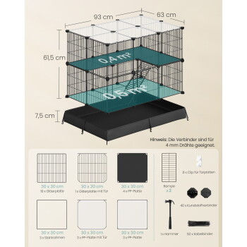 Dreistöckiger modularer Draht-Kleintierkäfig mit Rampe und herausnehmbarer Schublade, Maße 93 cm × 63 cm × 61,5 cm; Flächen 0,4 m² und 0,5 m².