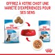 Image de la nourriture pour chiots Royal Canin : un sac de croquettes, un bol de croquettes et un sachet de nourriture humide avec un texte sur les expériences sensorielles pour les chiots.