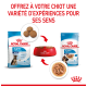 Image de la nourriture pour chiots Royal Canin : un sac de croquettes, un bol de croquettes et un sachet de nourriture humide avec un texte sur les expériences sensorielles pour les chiots.