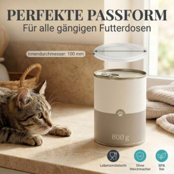 Bild zeigt Deckel von Haustierfutterdosen mit zwei Größen: 74 mm und 100 mm Innendurchmesser, beschriftet mit Dosengewichten von 200g, 400g und 800g.