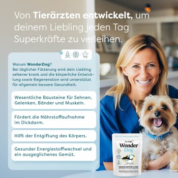 Ein kleiner, lächelnder Hund sitzt auf einem Schoß neben einem Produktbeutel "DeSam Wonder Dog", der die Gesundheitsvorteile für Haustiere bewirbt.