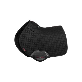 Schwarze, gesteppten Sattelunterlage mit einer strukturierten Oberfläche, mit einem LeMieux-Logo und einem grauen Wildlederpatch, entworfen für den Reitsport.