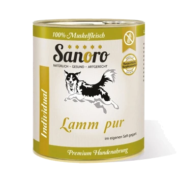 Dosen-Hundefutter mit der Aufschrift 'Sanoro Lamm pur', mit einer Grafik eines laufenden Hundes, mit dem Text, der angibt, dass es 100% Muskelfleisch und Premium-Qualität ist.