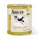 Dosen-Hundefutter mit der Aufschrift 'Sanoro Lamm pur', mit einer Grafik eines laufenden Hundes, mit dem Text, der angibt, dass es 100% Muskelfleisch und Premium-Qualität ist.