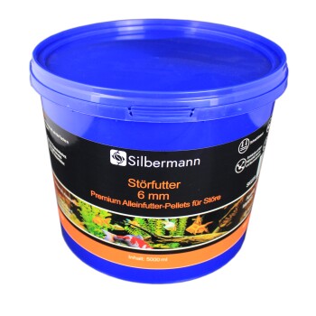 Blauer Behälter mit Silbermann Störfutter, 6 mm Premium-Pellets für Störe, 5000 ml Kapazität, mit aquatischen Bildern auf dem Etikett.