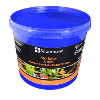 Blauer Behälter mit Silbermann Störfutter, 6 mm Premium-Pellets für Störe, 5000 ml Kapazität, mit aquatischen Bildern auf dem Etikett.