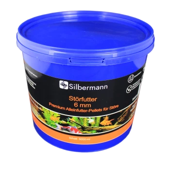 Blauer Behälter mit Silbermann Störfutter, 6 mm Premium-Pellets für Störe, 5000 ml Kapazität, mit aquatischen Bildern auf dem Etikett.