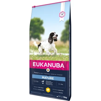 Mature & Senior Medium Breed z kurczakiem 15 kg Torba z jedzeniem dla psów Eukanuba Mature z przedstawieniem szczęśliwego psa biegającego po polu, oznaczona 'Premium dry food' i 'Rich in fresh chicken,' 15kg.