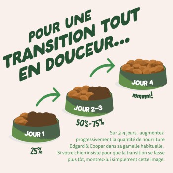 Graphique « Pour une transition tout en douceur... » de trois gamelles pour chiens étiquetées Jour 1 25 %, Jour 2-3 50-75 %, Jour 4 mmmm !
