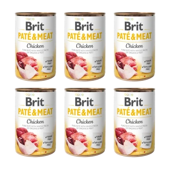 Sechs Dosen Brit Paté & Meat Chicken, mit ganzen Stücken von Organen und Fleisch, als getreidefrei und sojafrei & GMO-frei gekennzeichnet.