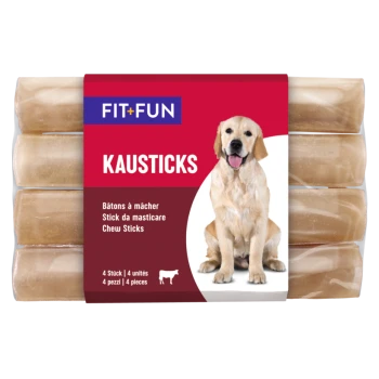 Kau-Sticks für Hunde in einer Verpackung mit der Aufschrift "FIT+FUN KAUSTICKS", mit einem Golden Retriever auf der Vorderseite und mehrsprachigem Text.