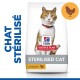 Sac de nourriture pour chats stérilisés Hill's Science Plan avec un chat portant un collier rouge, étiqueté "POULET" et "RECOMMANDÉ PAR DES VÉTÉRINAIRES."