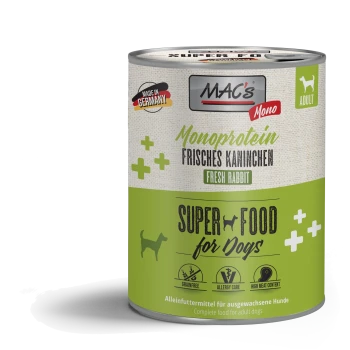 Dosenhundefutter "MAC's Mono Super Food" mit frischem Kaninchen, getreidefrei, Allergiepflege und hohem Fleischgehalt.