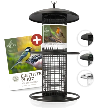 Vogelfutterspender für Erdnüsse, mit einem schwarzen Metall-Design und einer Netzstruktur. Enthält eine Werbekarte mit dem Text "Ein Futter Platz für Gartenvögel."